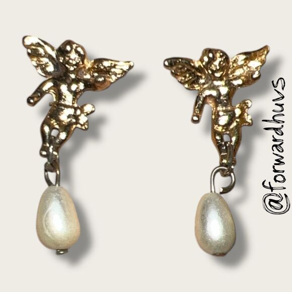 Bundle Sale 3 for $15 | Gold Tone Angel Earrings - Vintage-Inspired - Picture 3 of 6